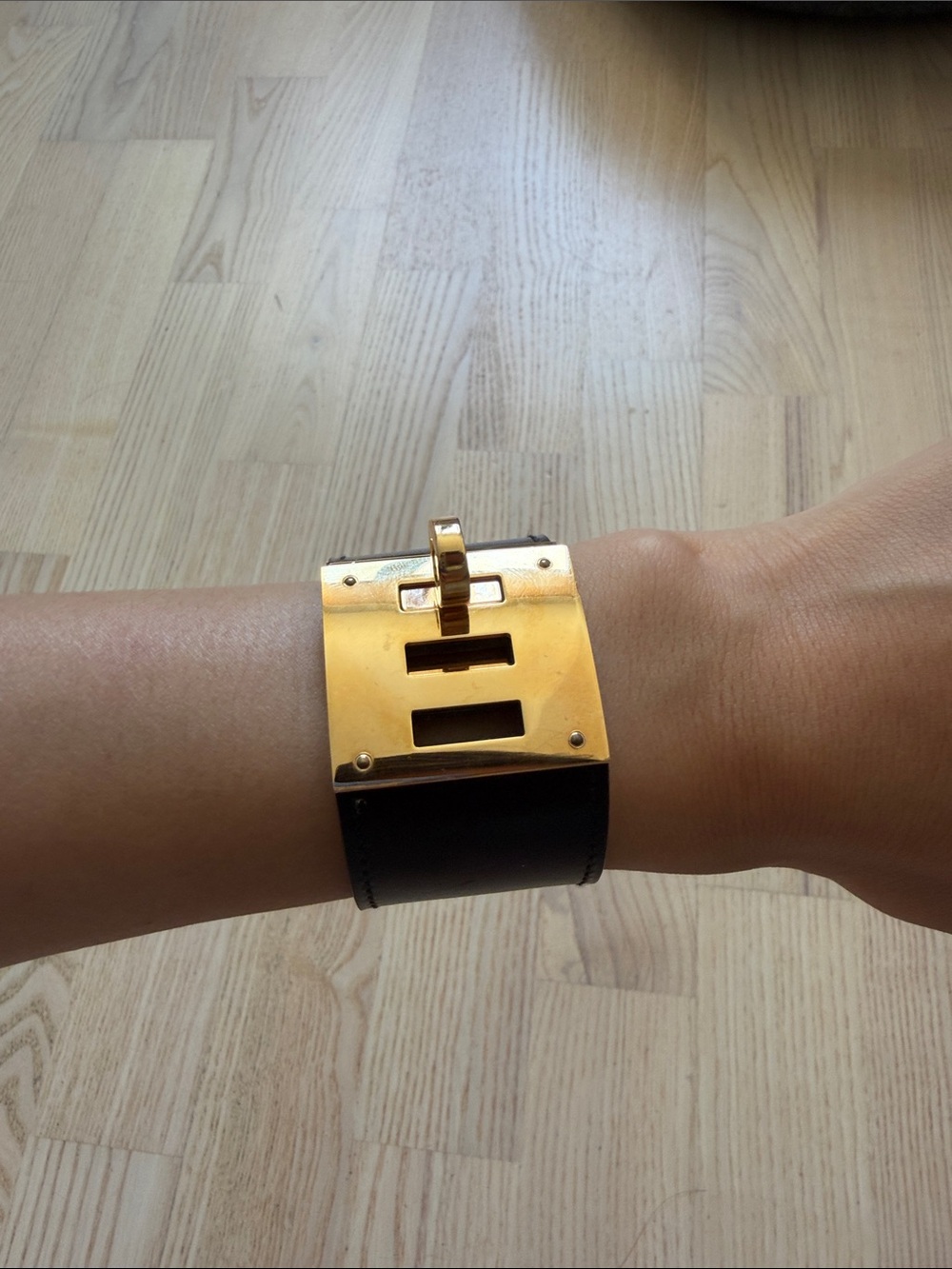 Hermes Black Leather Cuff with Rose Gold Lock Plate (Pre-Owned) - Picture 4 of 5